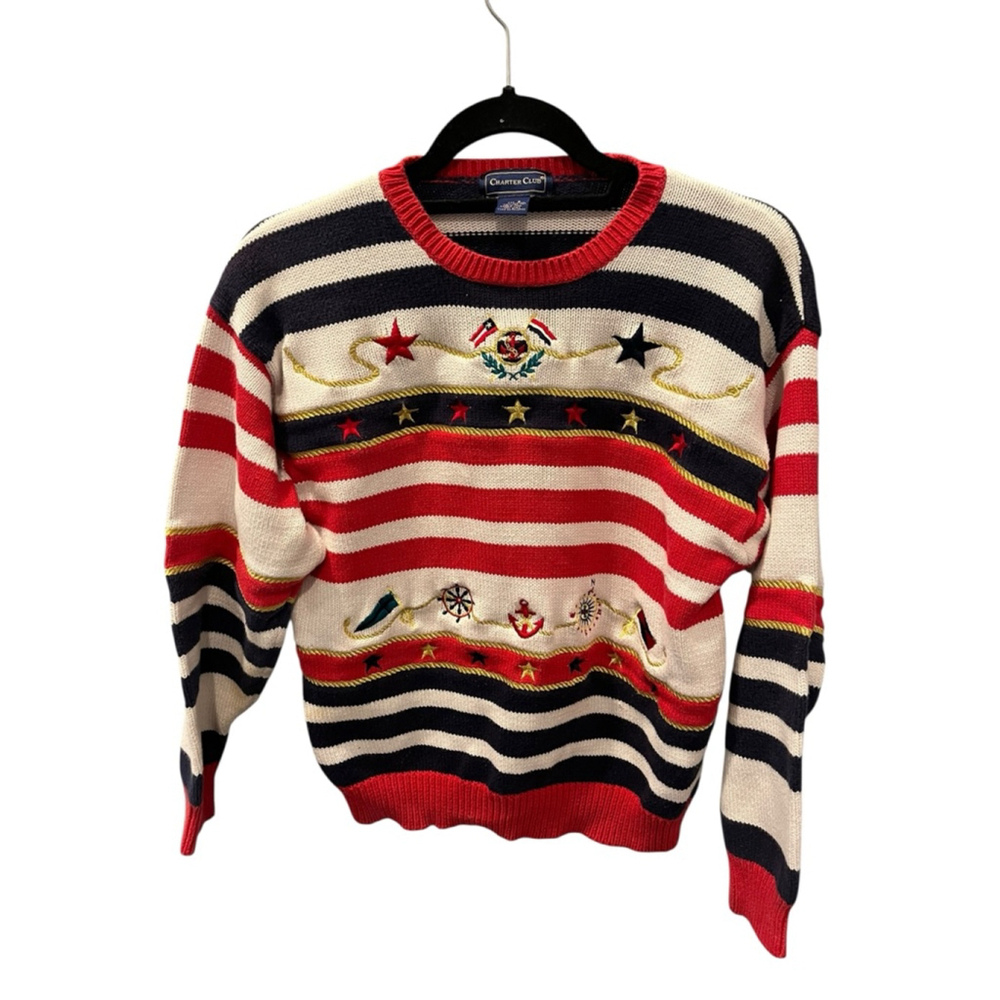 Vintage Charter Club Nautical Sailor Crew Neck Sweater Size Small Boating Stripe